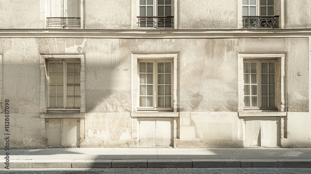 Elegant Parisian architecture, minimalist design, facing a wall with windows and doors, sunny afternoon, serene urban scene, no people present.