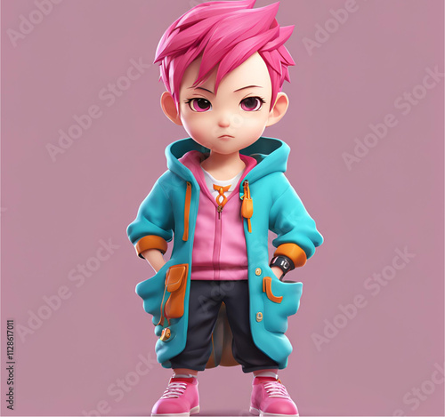 A cheerful child with bubblegum pink hair beams with excitement, wearing a futuristic superhero suit adorned with glowing accents. Their hands are outstretched, ready to unleash their imaginary superp