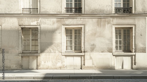 Obraz na płótnie Elegant Parisian architecture, minimalist design, facing a wall with windows and doors, sunny afternoon, serene urban scene, no people present. w salonie