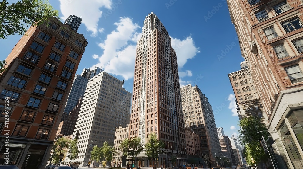 A Cityscape with Tall Buildings and a Street View A Cityscape with Tall Buildings and a Street View