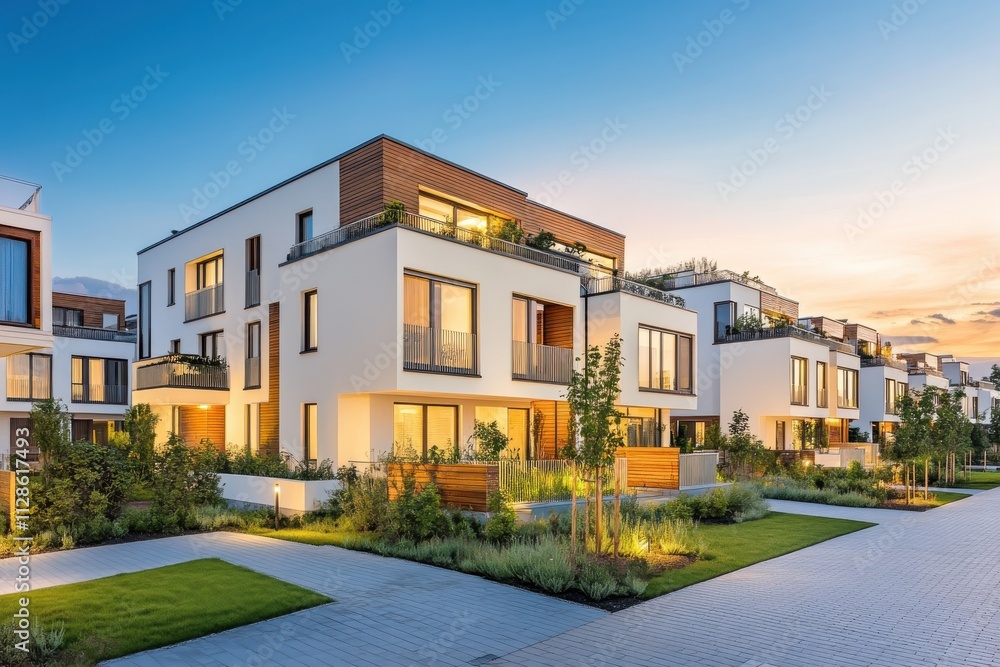 A residential mid-rise building with a white facade and wooden accents, highlighted by golden sunset lighting A residential mid-rise building with a white facade and wooden accents, highlighted by golden sunset lighting