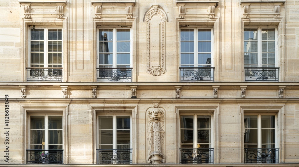 Elegant Parisian architecture, minimalist design, facing a wall with windows and doors, warm sunlight, serene urban setting, no people visible.