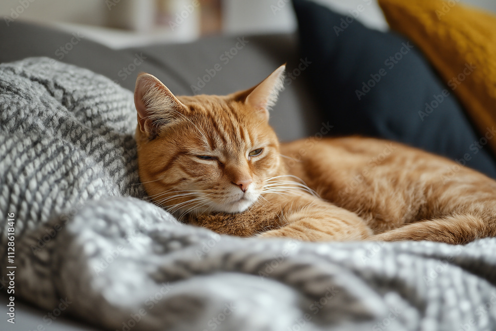 Orange cat relaxing on cozy couch with knitted blanket and cushions. Generative AI Orange cat relaxing on cozy couch with knitted blanket and cushions. Generative AI