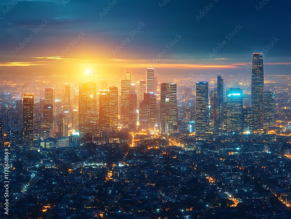 City Skyline Illuminated At Sunset Golden Hues