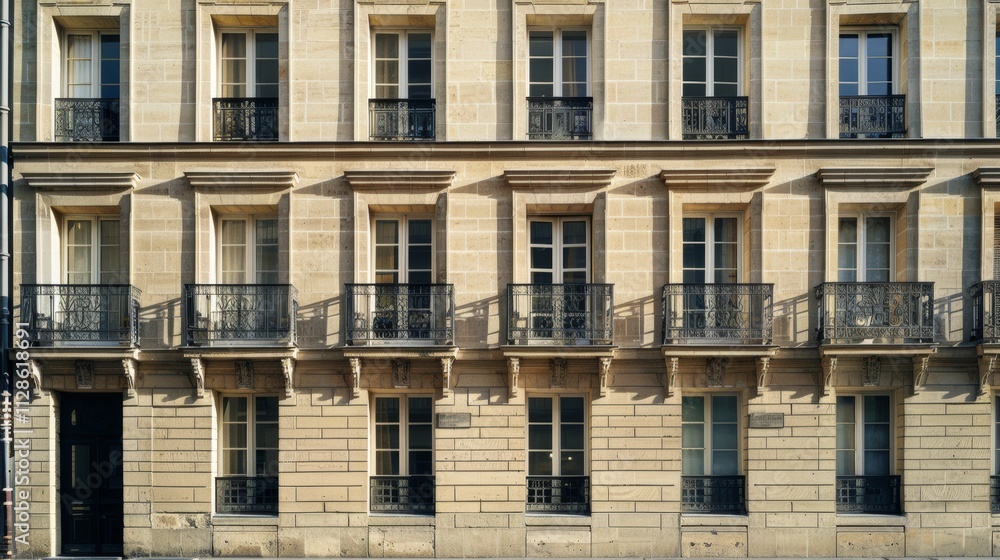 Elegant Parisian architecture, minimalist facade, full wall with windows and doors, sunny afternoon, tranquil atmosphere, no people visible.