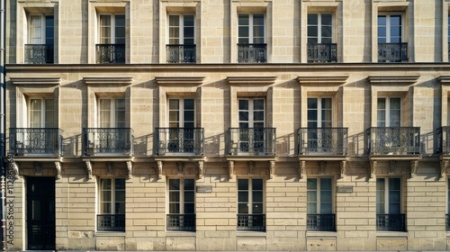 Obraz na płótnie Elegant Parisian architecture, minimalist facade, full wall with windows and doors, sunny afternoon, tranquil atmosphere, no people visible. w salonie