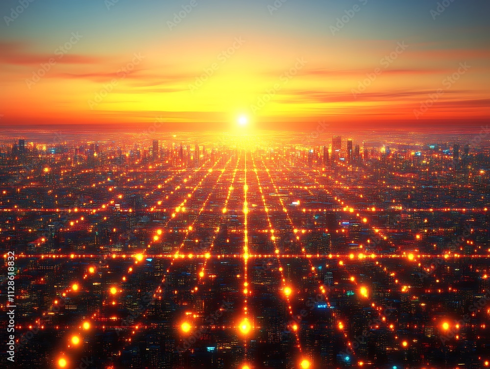 Obraz premium Futuristic Cityscape Illuminated At Sunset