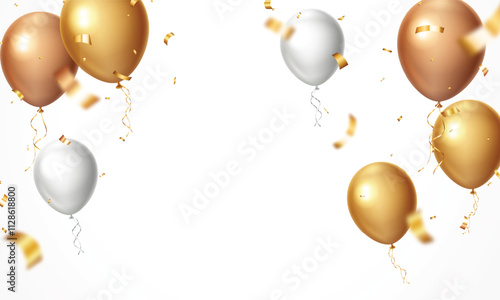 Gold and gray celebrations balloons, confetti and ribbon background