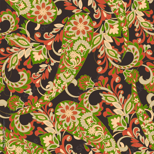 Gorgeous paisley seamless vector pattern with fantastic flowers and leaves. Bohemian textile print inspired by batik. Vintage style