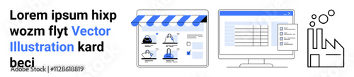 Shopfront icon with blue canopy next to data management screen on a desktop monitor. Factory outline symbolizes production. Ideal for retail, e-commerce, data analysis, manufacturing, logistics