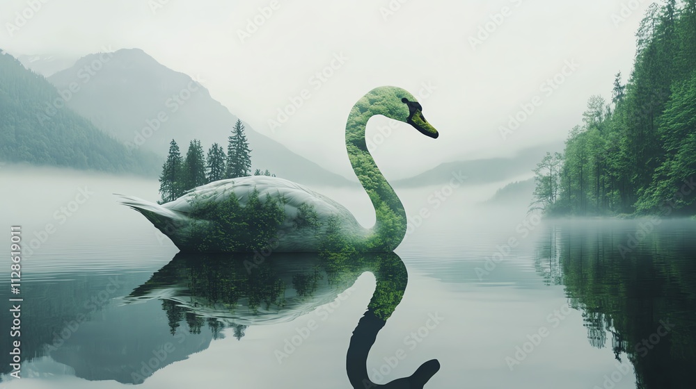 A majestic swan reflects in a serene lake surrounded by lush greenery and misty mountains, embodying tranquility. A majestic swan reflects in a serene lake surrounded by lush greenery and misty mountains, embodying tranquility.