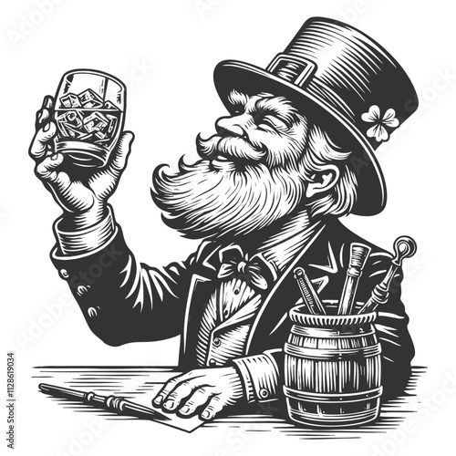 leprechaun raising a whiskey glass, wearing a top hat with a shamrock, celebrating in style sketch engraving generative ai vector illustration. Scratch board imitation. Black and white image.