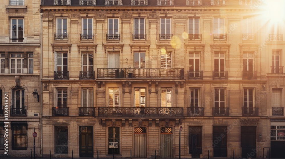 Elegant Parisian architecture, minimalist design, full wall with windows and doors, warm sunlight, tranquil urban environment, no people present.