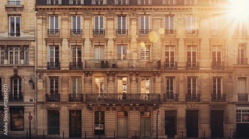Obraz na płótnie Elegant Parisian architecture, minimalist design, full wall with windows and doors, warm sunlight, tranquil urban environment, no people present. w salonie