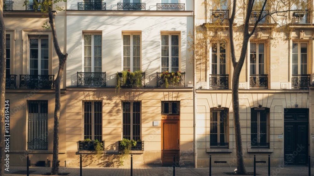 Elegant Parisian architecture, modern minimalist building, facing a wall with windows and doors, warm sunlight, peaceful urban environment, no people present.