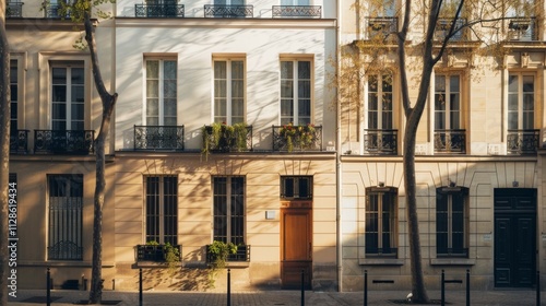 Obraz na płótnie Elegant Parisian architecture, modern minimalist building, facing a wall with windows and doors, warm sunlight, peaceful urban environment, no people present. w salonie