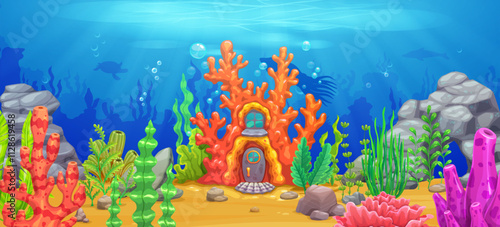 Cartoon sea underwater landscape with reef coral house, game background. Vector gaming location level with vibrant reefs, marine flora and enchanting aquatic life, captures the beauty of ocean depths