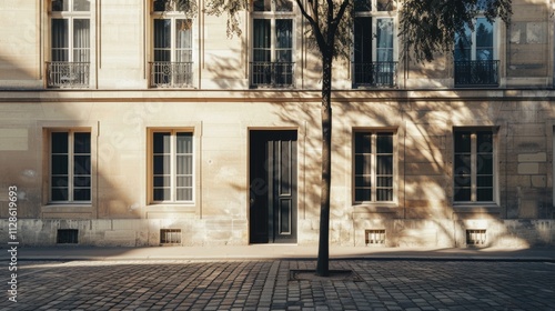 Obraz na płótnie Elegant Parisian architecture, modern minimalist building, full wall with windows and doors, sunny afternoon light, serene atmosphere, no people visible. w salonie