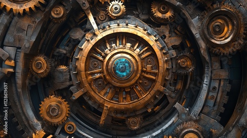 Intricate Mechanical System Design: A Golden-Bronze Gear Mechanism