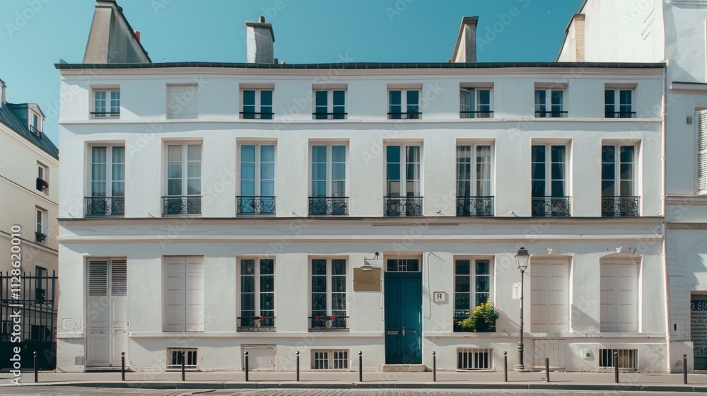 Elegant Parisian architecture, modern minimalist building, facing a wall with windows and doors, warm sunlight, peaceful urban environment, no people present.