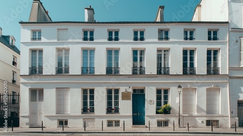 Obraz na płótnie Elegant Parisian architecture, modern minimalist building, facing a wall with windows and doors, warm sunlight, peaceful urban environment, no people present. w salonie
