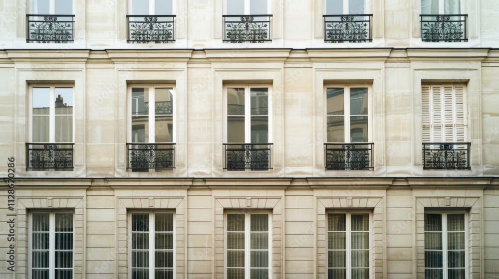 Elegant Parisian architecture, modern minimalist building, facing a wall with windows and doors, sunny afternoon, peaceful atmosphere, no people present.
