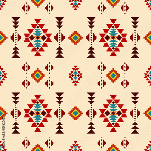 Ikat ethnic geometric abstract embroidery oriental traditional seamless pattern. Native geometry decorative design for fabric, clothing, wallpaper, background, interior, decoration, illustration