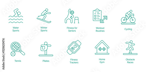 Diverse Fitness and Recreation Icon Set - Vector Illustrations for Water Sports, Winter Sports, Senior Fitness, Workout Routines, Cycling, Tennis, Pilates, Fitness Trackers, Home Gym 