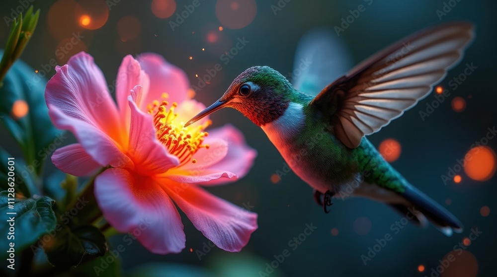 Hummingbird Sipping Nectar from Glowing Flower Hummingbird Sipping Nectar from Glowing Flower