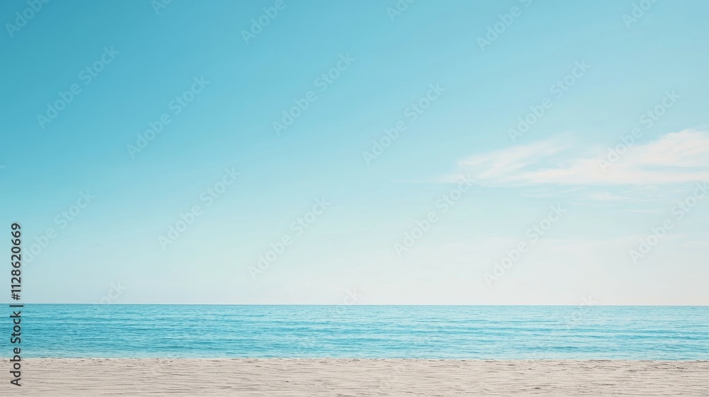 A serene beach scene with clear blue skies and calm ocean waves. A serene beach scene with clear blue skies and calm ocean waves.