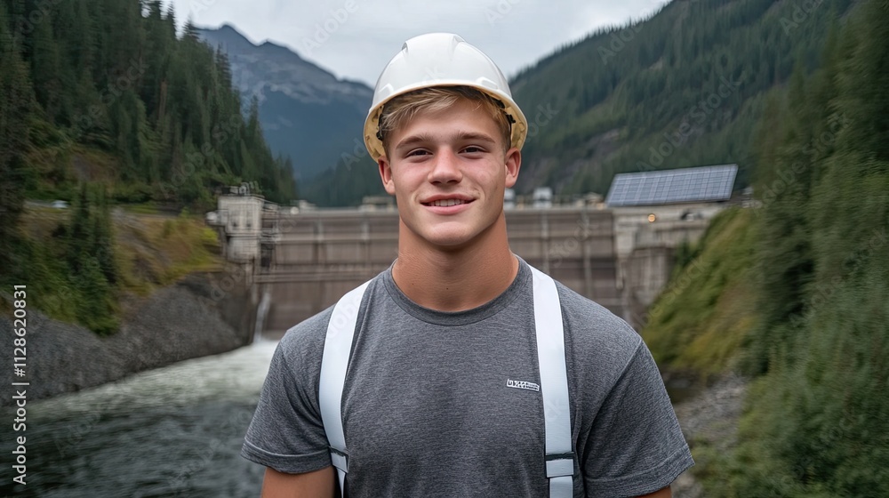 Handsome engineer in white helmet and overalls faces the camera, water flowing from the dam behind him, showcasing his professional demeanor Handsome engineer in white helmet and overalls faces the camera, water flowing from the dam behind him, showcasing his professional demeanor