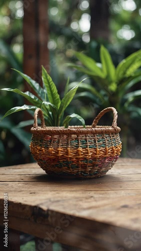 Basket of plants on table with tropical forest background photo