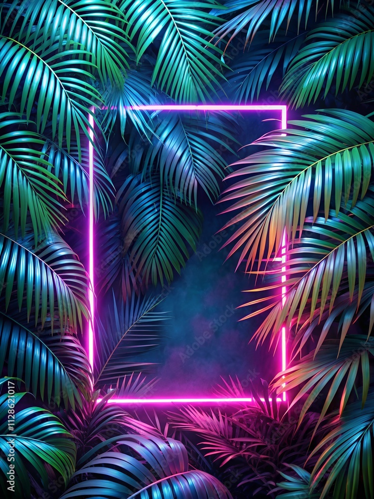 A hypnotic neon light frame and lush palm leaves create an inviting backdrop for a dreamy atmosphere perfect for vibrant visuals. A hypnotic neon light frame and lush palm leaves create an inviting backdrop for a dreamy atmosphere perfect for vibrant visuals.