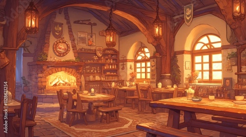 Cozy tavern interior with fireplace, tables, and warm lighting.