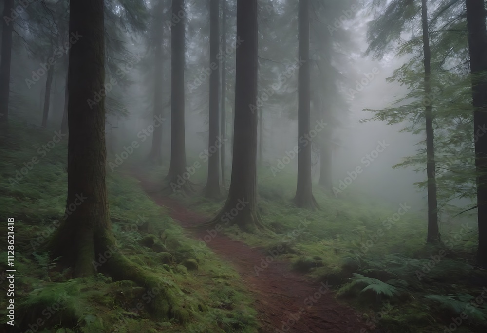 A mysterious forest path shrouded in mist, with tall trees lining the way and ferns covering the ground. A mysterious forest path shrouded in mist, with tall trees lining the way and ferns covering the ground.