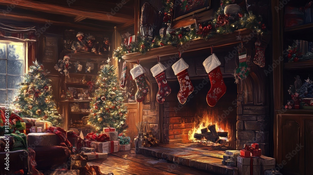 Cozy Christmas Cabin Fireplace Scene With Presents And Trees Cozy Christmas Cabin Fireplace Scene With Presents And Trees