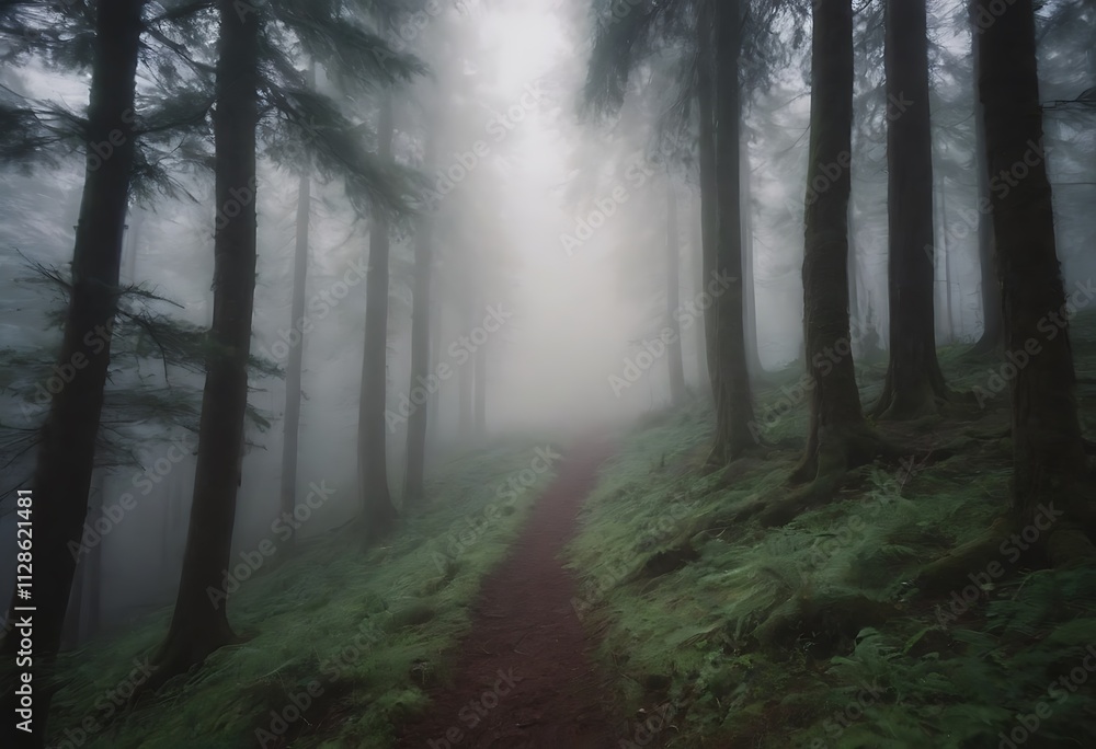 A mysterious forest path shrouded in mist, with tall trees lining the way and ferns covering the ground. A mysterious forest path shrouded in mist, with tall trees lining the way and ferns covering the ground.
