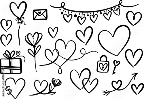 Valentine day vector doodle set, ink line art heart illustration, festive love symbol clip art design collection