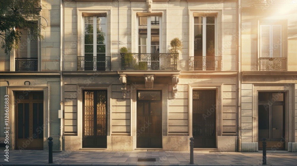 Elegant Parisian architecture, modern minimalist building, full wall with windows and doors, sunny afternoon, serene urban scene, no people present.