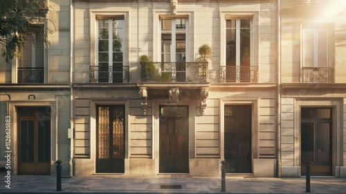 Obraz na płótnie Elegant Parisian architecture, modern minimalist building, full wall with windows and doors, sunny afternoon, serene urban scene, no people present. w salonie