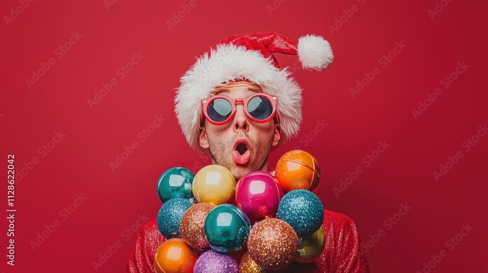 Photo of santa claus funny man amazed hold device dressed christmas tree balls costume sunglasses isolated red color background Photo of santa claus funny man amazed hold device dressed christmas tree balls costume sunglasses isolated red color background