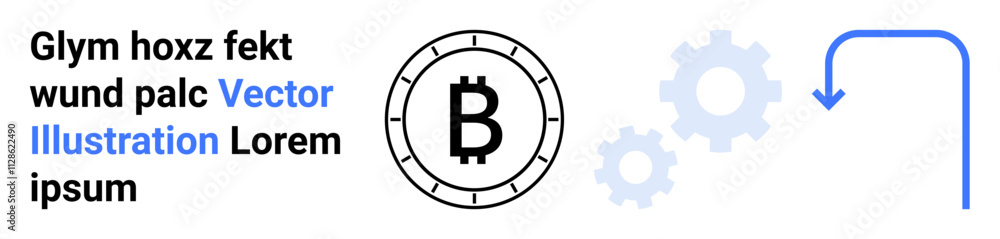 Bitcoin symbol in a circle, light grey gears, and blue arrow forming a minimalistic cryptocurrency and blockchain concept. Ideal for digital currency, blockchain, fintech, finance, technology Bitcoin symbol in a circle, light grey gears, and blue arrow forming a minimalistic cryptocurrency and blockchain concept. Ideal for digital currency, blockchain, fintech, finance, technology