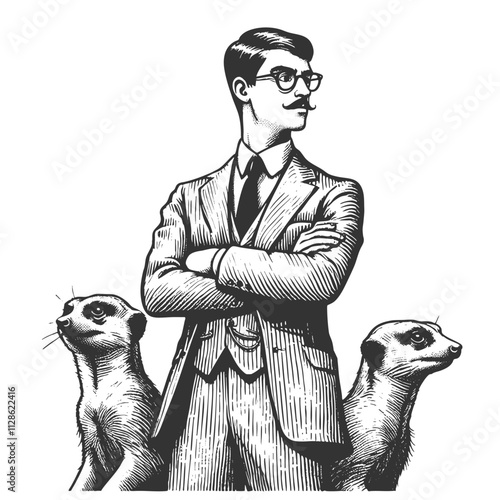 gentleman in a suit and glasses standing confidently with two meerkats beside him sketch engraving generative ai fictional character vector illustration. Scratch board imitation. Black and white image