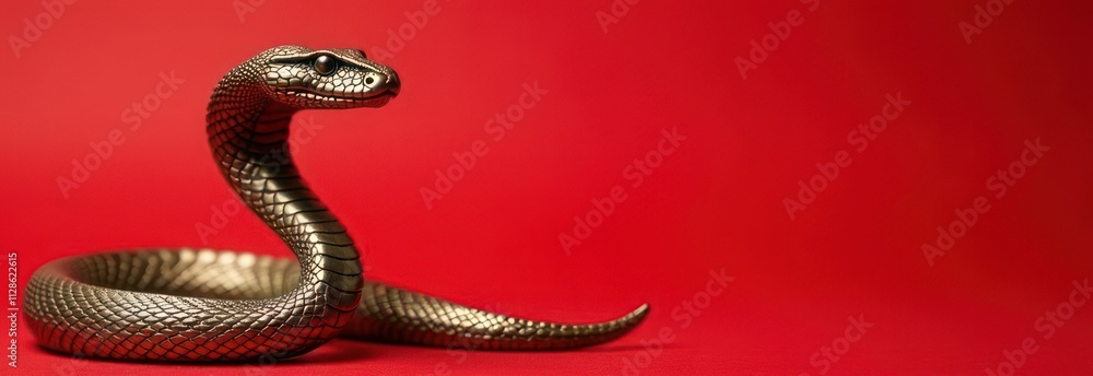 Obraz premium Beautiful bronze snake, banner, red background, place for text, New Year