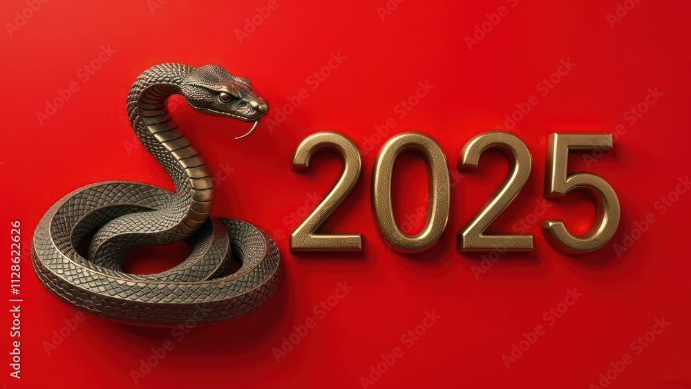 Fototapeta premium Beautiful bronze snake, banner, red background, New Year, numbers 2025