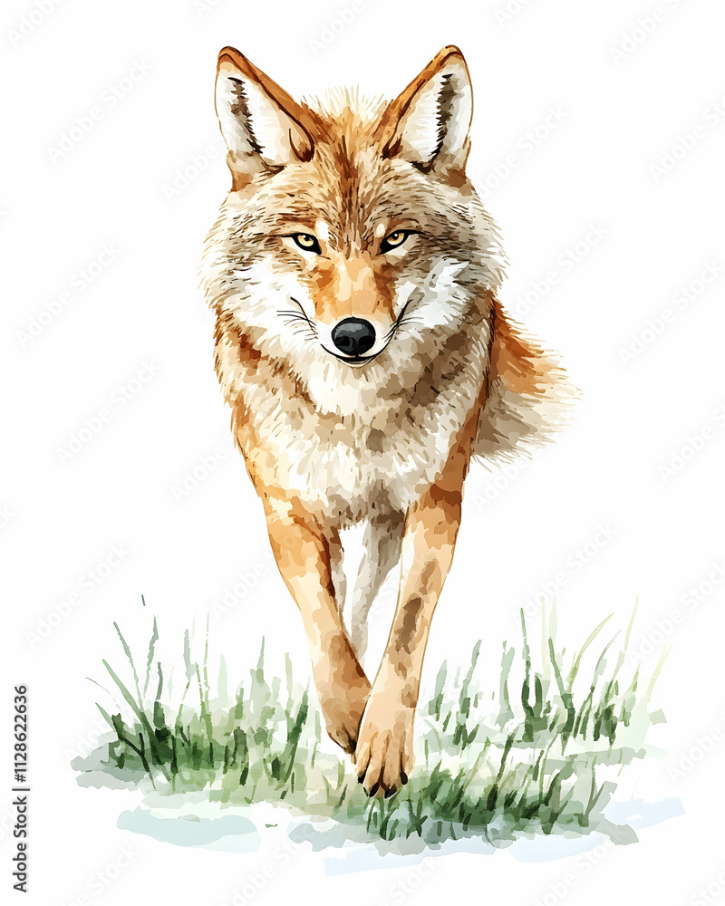 Fototapeta premium Watercolor painting of a coyote walking forward.