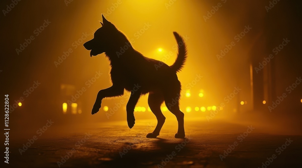 Naklejka premium Neon Laser Dancing Silhouette Dog