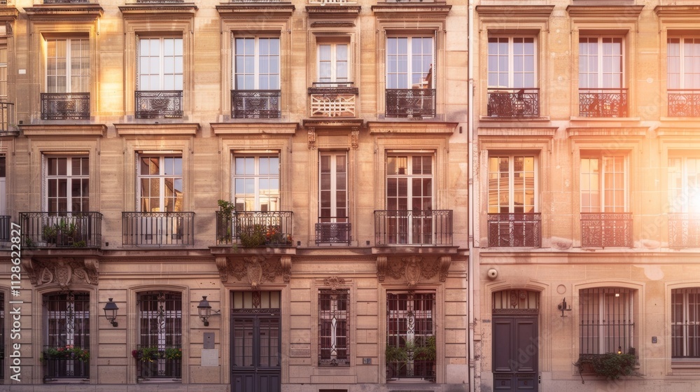 Elegant Parisian architecture, modern minimalist building, full wall with windows and doors, sunny afternoon, serene urban scene, no people present.