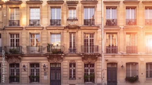 Obraz na płótnie Elegant Parisian architecture, modern minimalist building, full wall with windows and doors, sunny afternoon, serene urban scene, no people present. w salonie