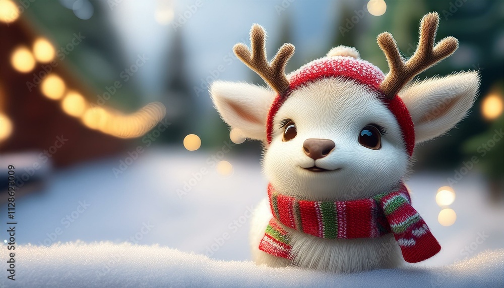 Fototapeta premium Little cute baby reindeer on winter Christmas day in warm winter clothes waiting for the parents to return from giving gifts to the children. Illustration of a small fictional creature,copy text space